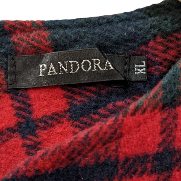 Vintage Pandora Green & Red V Neck Checker Plaid Ruffle L/S Woolen Tunic XL - Picture 3 of 3